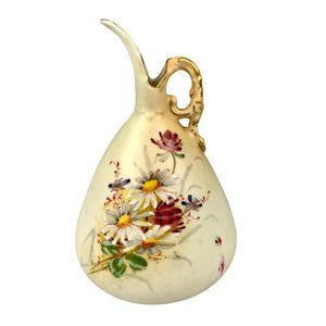 Vtg Small Antique Ewer Austrian? Hand Painted Flower Floral Gold Trim Stem Vase